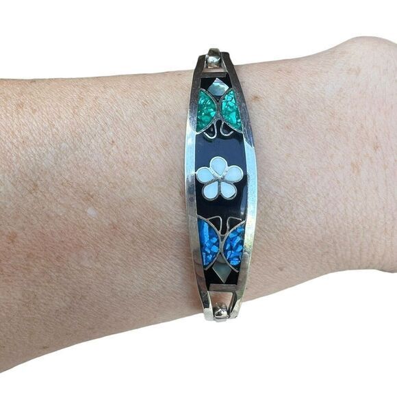 Vintage Alpaca Mexico Women's Bracelet Abalone‎ Shell Floral Silver Tone Signed - Picture 7 of 16